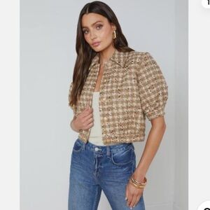 NEW L'agences Cove Cropped Tweed Jacket Dark Cappuccino/gold Multi Tweed